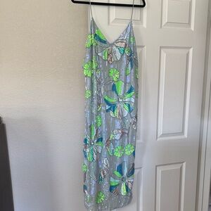 ASOS Silver Sequin Midi Dress with Green and Blue Floral Accents